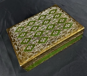 Vintage FLORENTINE Green & Gold Trinket Box With Diamond Pattern Top 1960s - Picture 1 of 8