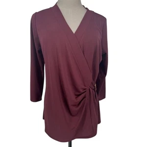 NWT Ralph Lauren Women's 1X XL Burgundy Wrap V-Neck Blouse Long Sleeve Gold Trim - Picture 1 of 12