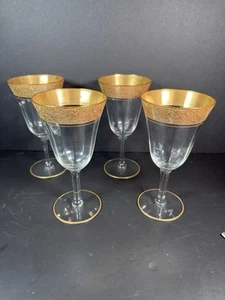 Vintage Tiffin Optic Rambler Rose Gold Encrusted Wine Goblet Stem Set Of 4 - Picture 1 of 4
