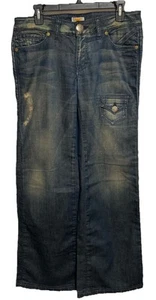 Unique ANTIK DENIM Blue Straight Distressed Jeans Embroidered 6 Pockets Size 30 - Picture 1 of 17