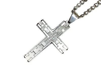 "Colgante Cruz Acero Inoxidable Circonita Cúbica Diamantes 24"" Bordillo Cadena Religioso" Foto 1 de 4