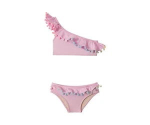 Pq Swim Girls' One Shoulder Ruffle Pom Pom Bikini Pink Size 08 ESF17771 - Picture 1 of 2