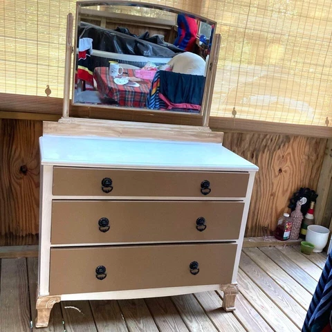 1950-1960s Vintage 3 drawer dresser with Swivel Mirror White Tan Black Cover