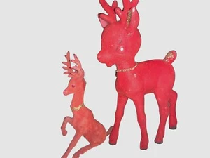 Red Flocked Felt Christmas Reindeer 2 Vintage Deer - Picture 1 of 17
