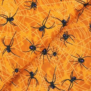Cotton Halloween Fabric Gothic Material Mystery Manor -Orange Spiders - Makower