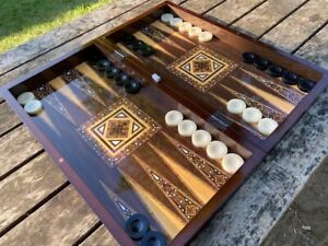 Backgammon Set Vintage Wood Checkers With Chess Pieces Handmade Game Board