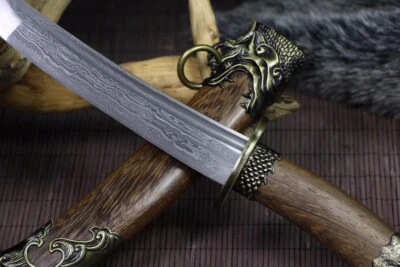 CHINESE TIGER HEAD DAO BROADSWORD SHORT SWORD DAGGER DAMASCUS FOLDED STEEL SHARP - Image 1 of 4