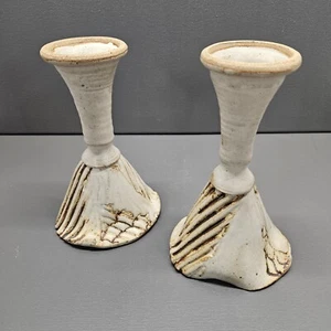 Bohemian Set Of 2 Vintage Handmade Pottery Ceramic Candle Holders Very Unique - Picture 1 of 11