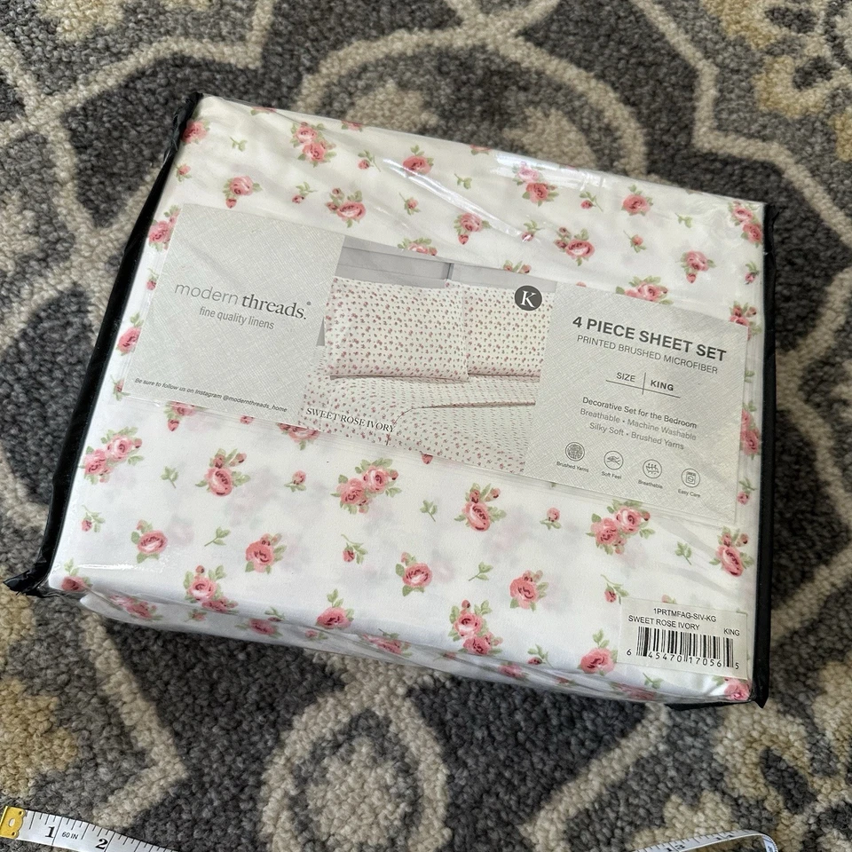 Modern Threads King 4 件套甜玫瑰花卉拉丝cottagecore农舍 — 第 1/4 张图片