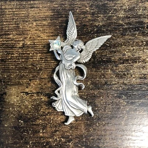 Vtg Pewter JJ Jonette Winged Fairy Brooch Pin w Glowing Star 3.25" - Picture 1 of 6