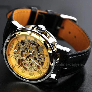 Men Classic Transparent Steampunk Skeleton Mechanical Stainless Steel Watch New - Picture 1 of 8