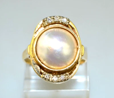 ANILLO DE ORO AMARILLO 14K 8,6 MM PERLAS MABE Y DIAMANTES TALLA 5,75 Foto 1 de 4