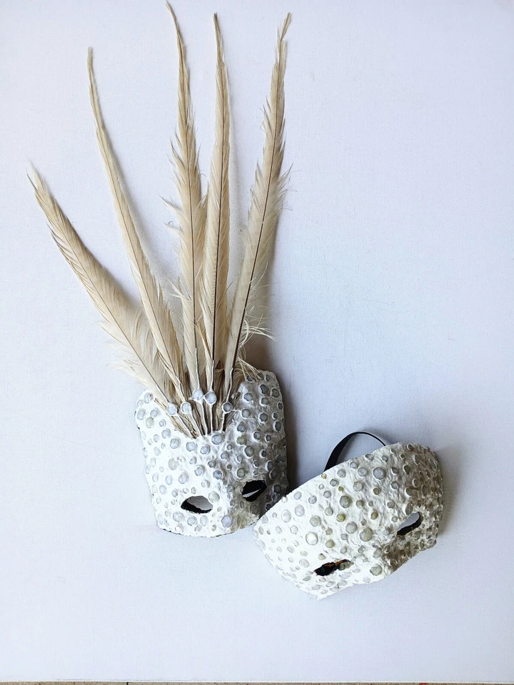 White Gemstone 17" Feathers plus Couple Masks One of a kind - Hand made - Image 1 of 4