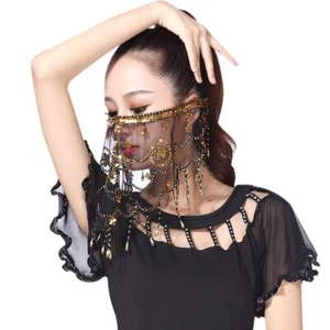 Women's Belly Dancer Veil Dance Sequin Beaded Tassel Face Veil Wear Mask Dancing - Picture 1 of 15