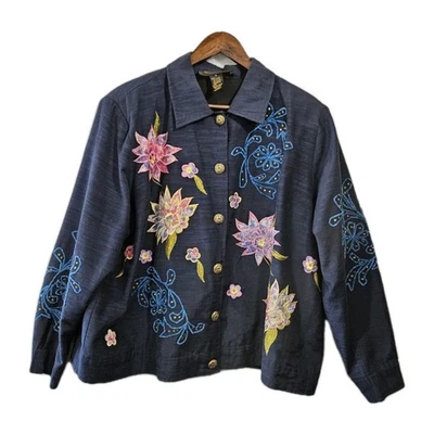 Alex Kim Jacket Womens 1X Blue Floral Embroidered Cottagecore Hippie Vintage - Image 1 of 4