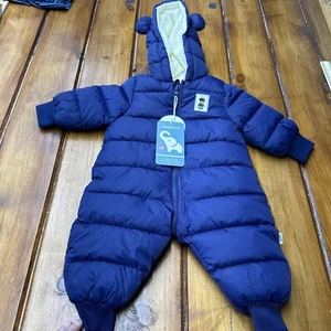New The Bear Hooded Snowsuit Baby Winter Coat Fleece Lined Blue Unisex 6 Months - Picture 1 of 14