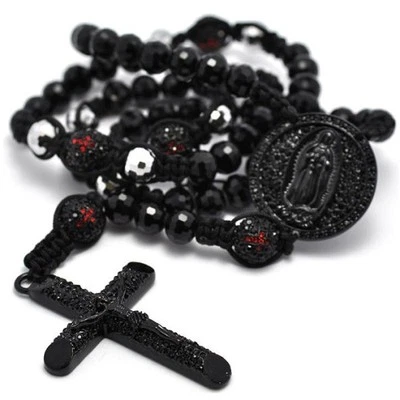 Collar de cadena rosario cruz pavé cristal cuentas hip hop ónix negro audaz hombre 37" Foto 1 de 2