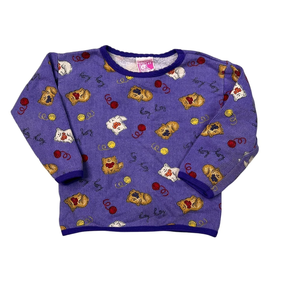 Vintage 80s AOP Cat Yarn Garanimals Lightweight Sweatshirt Purple Toddler 2T - Image 1 of 4
