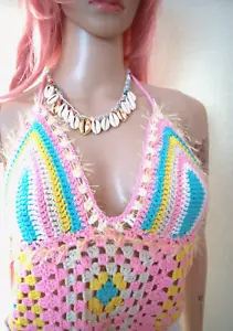 BNWT Pink/multi crochet halter sun top with lemon spikey fringe edges M - Picture 1 of 8