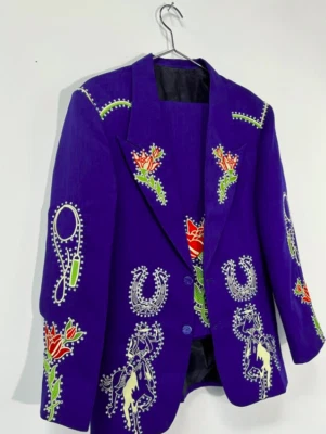 Conjunto de cóctel vaquero occidental nudie bordado floral a medida azul de 2 piezas para hombre Foto 1 de 4