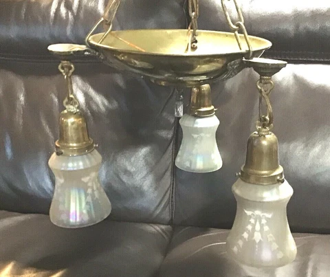 1920s Pan 3 Arm Light Hanging Fixture Chandelier Ceiling cover 3 Iridized Shades Cover