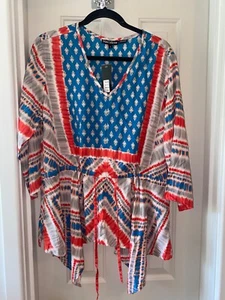 TOLANI COLLECTION Bedrucktes Top mit Taschentuchsaum ROT/BLAU Gr. LARGE - Bild 1 von 2