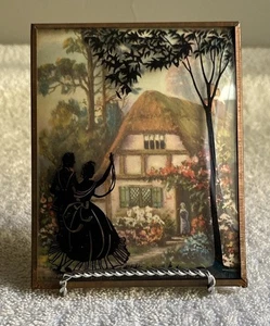 Vintage Silhouette Green and Black Cottage Painting Framed in Glass - Picture 1 of 4