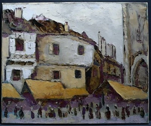 Vintage French Oil Painting on Canvas City Scene Houses Signed Art 20th Century - Picture 1 of 10