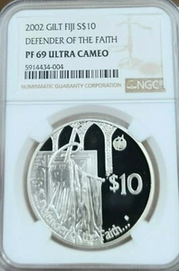 2002 FIJI SILVER 10 DOLLARS DEFENDER OF THE FAITH NGC PF 69 ULTRA CAMEO TOP POP - Picture 1 of 4