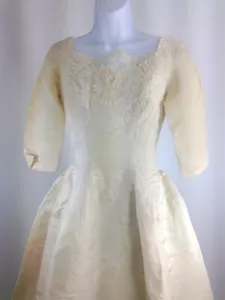 Vtg 1950-60s Wedding Dress Gown Ivory 3/4 Sleeves Applique Lace Seed Pearls Veil - Picture 1 of 12
