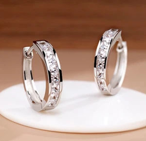 925 Sterling Silver Plated Square Cz Huggie Hoop Earrings Women Men - Picture 1 of 13