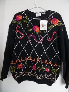 Womens Sweater Top Sz M Vintage Ramie Cotton  80'S Black Knit Needles & Yarn NEW - Picture 1 of 3