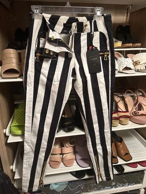 Balmain H&M Striped Biker Skinny Zipper Pants Jeans size 36 - Image 1 of 4