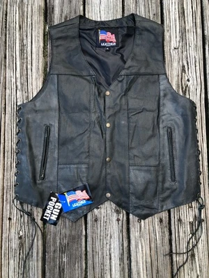 Chaleco de motociclista de cuero para hombre EE. UU. NUEVO CON ETIQUETAS talla XL laterales con cordones occidentales Foto 1 de 4
