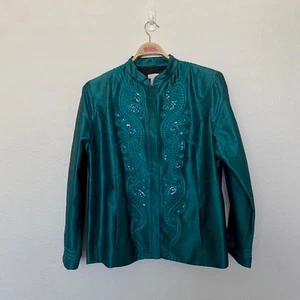 Chico's 4 Teal Green Jacket Blazer Mandarin Collar Sequin Embellished Women 2XL - Picture 1 of 9