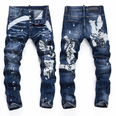 Pantalones de mezclilla para hombre Punk rasgados graffiti de inyección de tinta ajustados azules desgastados de alta calidad Foto 1 de 4