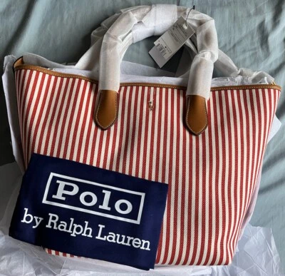 BNWT Polo Ralph Lauren Bellport Striped Canvas & Leather Reversible Tote Bag Red - Image 1 of 4