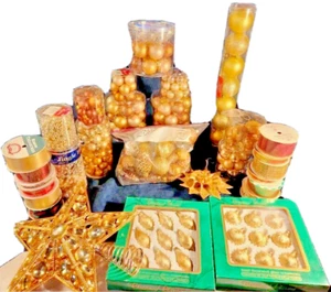Vtg Gold Theme Christmas Decorations, Ornaments, Ribbon, Tree Topper Bundle Lot - Picture 1 of 10
