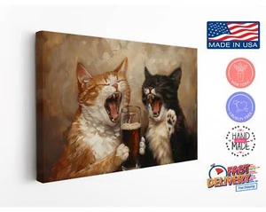 Two Cat Friends Canvas Print, Funny Beer Drinking Wall Art, High Quality Decor - Picture 1 of 8