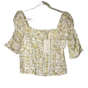 Joie 100%Linen Women Large Square Neck Yellow Floral Crop Smocked Blouse New Top - Picture 1 of 10