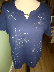 WOMANS SIZE LARGE"ALFRED DUNNER"BLUE STUDDED/RHINESTONE FRONT SIDE SLITS TUNIC