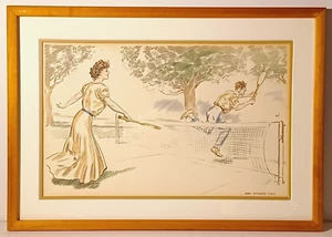 LISTED AMERICAN JAMES MONTGOMERY FLAGG SIGNED VINTAGE ORIG W/C "TENNIS PLAYERS" - Picture 1 of 8