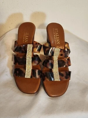 Zapatero Italiano Marrón Cuña Talla 8 Mujer Tacón Sandalia Estampado Animal Estrás Foto 1 de 4