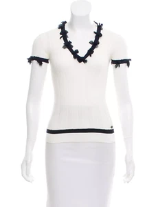 2006 CHANEL White Black 06P Cotton Silk Bows V-Neck Sweater Top FR-36 US-2/4 - Picture 1 of 4