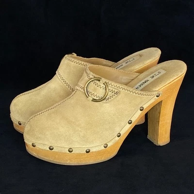 Vintage 1990s tan wood platform shoes 8 STEVE MADDEN suede leather clogs boho - Image 1 of 4