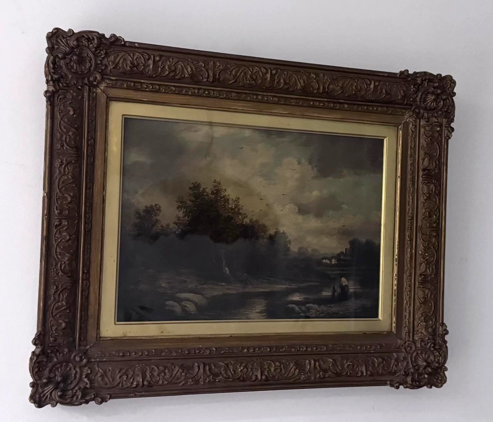 Antique oil painting on canvas figures in Landscape framed, glazed 52 cm/42 cm - Image 1 of 4