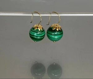 Malachite ball Earrings Gold Filled Wires 925 Sterling Silver 10mm ball Earrings - Picture 1 of 6