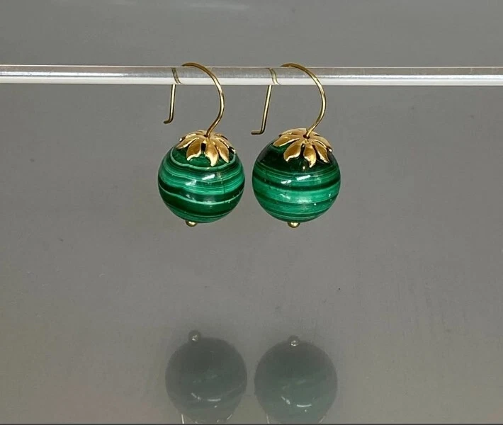 Malachite ball Earring Gold Filled Wires 925 Sterling Silver 10mm ball Earrings - image 1 of 4