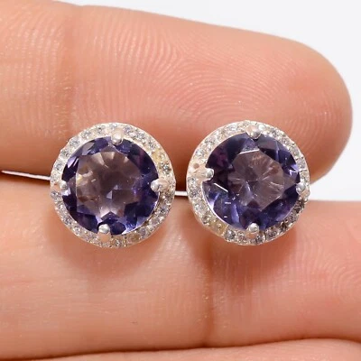 Trendy Purple Stud Earrings Natural Iolite Zircon Gemstone Handmade Jewelry CF - Image 1 of 4