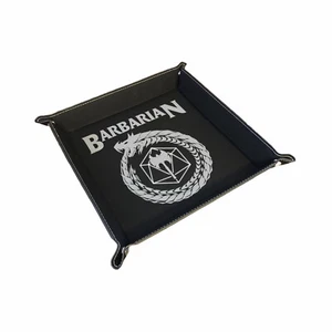 DND Dice Tray Barbarian Class Symbol Dragon Ring D20 Black Leatherette Snap Tray - Picture 1 of 3